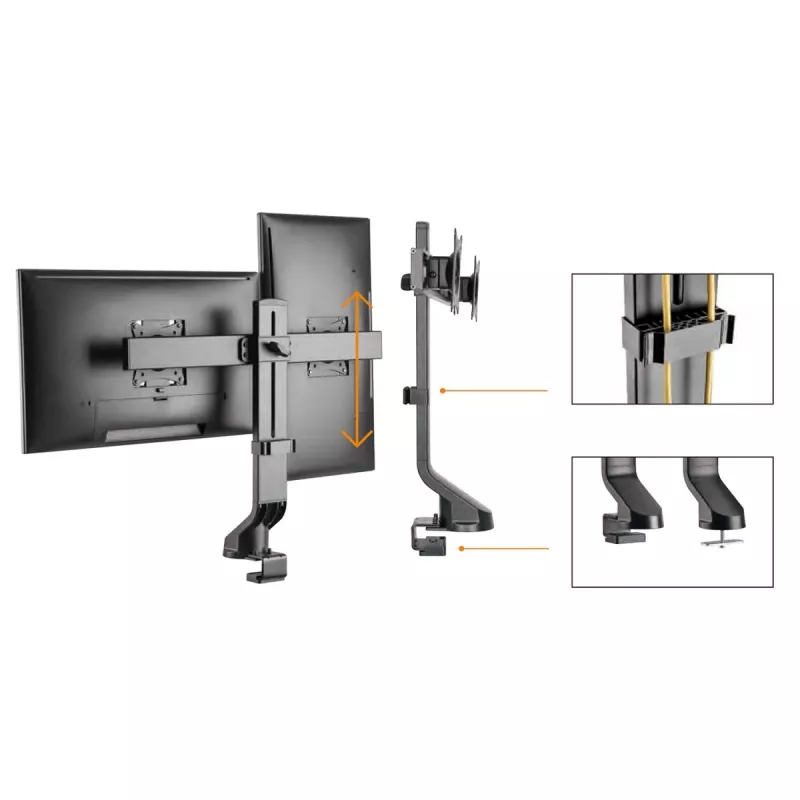 Držiak monitora MACLEAN MC-854 pre dva monitory 17–27 inch VESA 75x75 / 100x100, dvojramenný stolový držiak