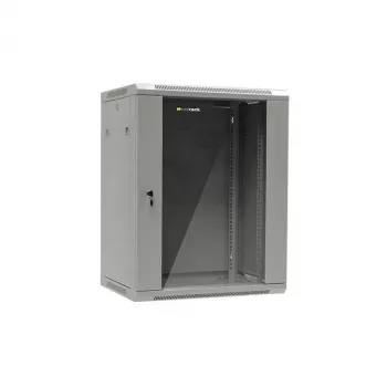 NETRACK 019-150-645-021 nástenný/závesný rozvádzač 19 inch 15U/450 mm sklenené dvere sivý odnímateľné bočnice