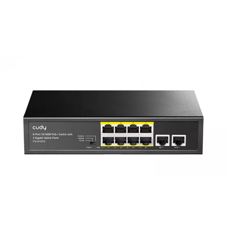 Sieťový switch Cudy FS1010PG — 10/100 Mbps, 8 PoE portov, 2 Uplink, 120W PoE rozpočet, kovové puzdro