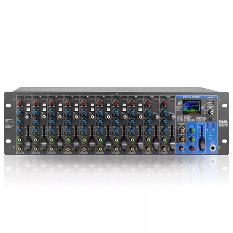 RM12 FX - analógový mixér s Bluetooth DSP EQ MP3 Phantom, 12 kanálov