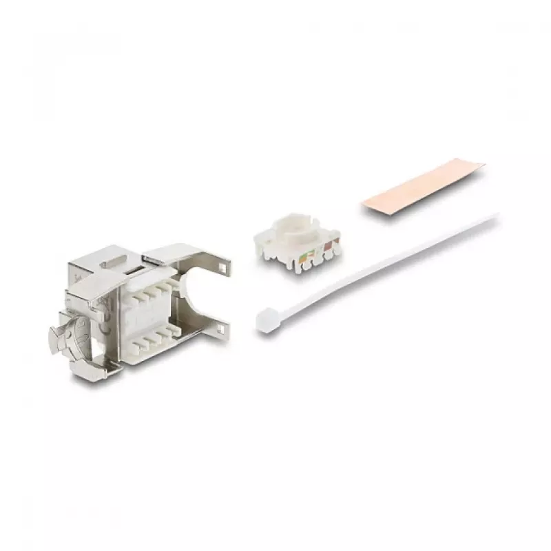 Keystone modul DELOCK RJ45 na LSA Cat.6A tienený bez nástroja, plochý, strieborný/biely, s krytkou proti prachu