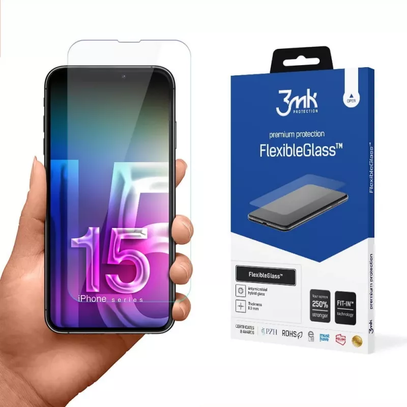 Tvrdený flexibilný ochranný prvok displeja 3MK FlexibleGlass Pro pre Apple iPhone 15 – číry, odolný proti poškriabaniu