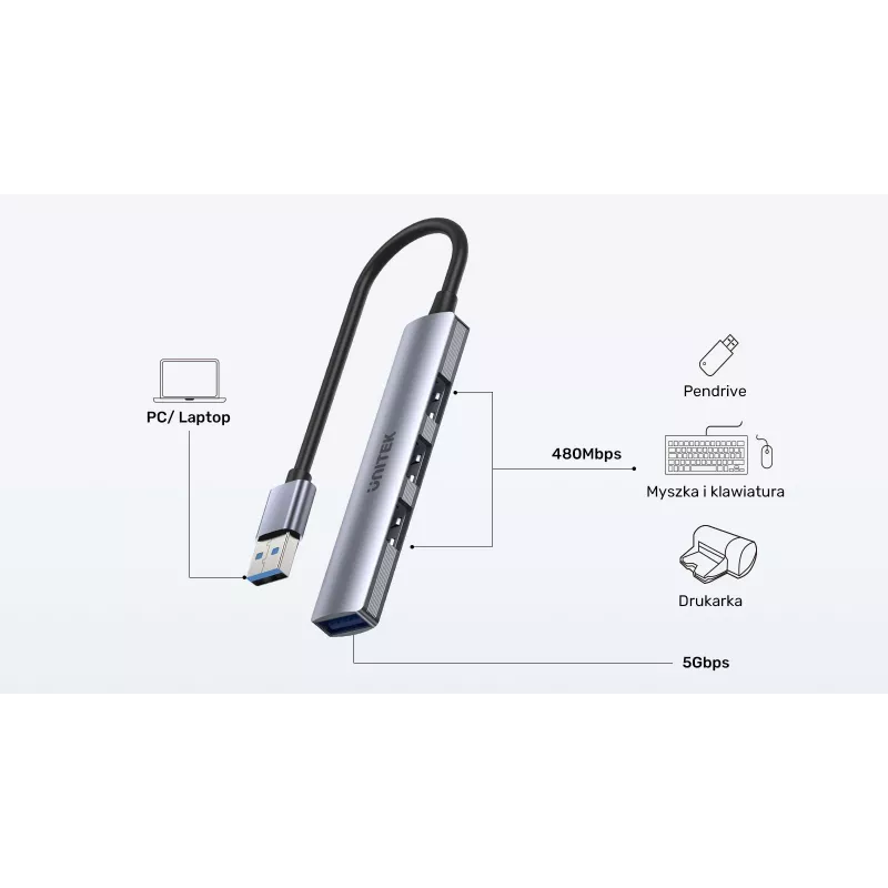 Unitek H1208A USB-A rozbočovač, 4 porty (1x USB-A 5 Gbps, 3x USB-A 2.0), hliník, strieborný