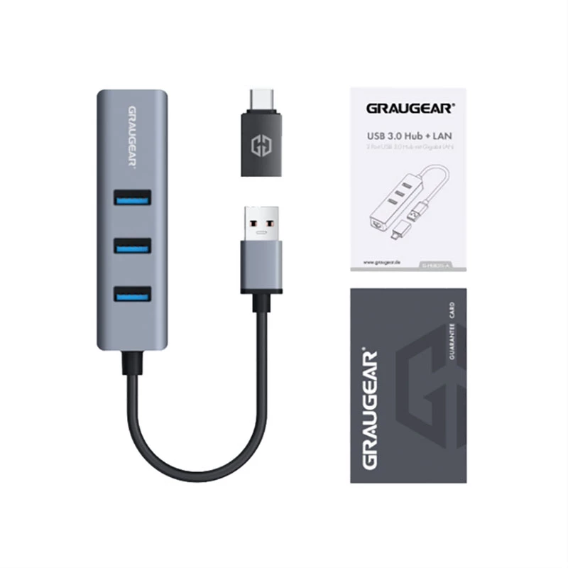 GRAUGEAR USB hub G-HUB31L-A — USB 3.2 Gen 1 Type-A host, 3x USB 3.2 Gen 1 Type-A porty + RJ-45, 5000 Mbit/s
