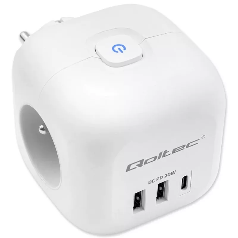 Predlžovacia zásuvka QOLTEC 52548 s 3× AC zásuvkami a USB portom