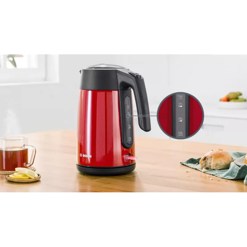 Elektrická kanvica Bosch TWK7L464 – objem 1,7 L, 2400 W, červená, plastové telo