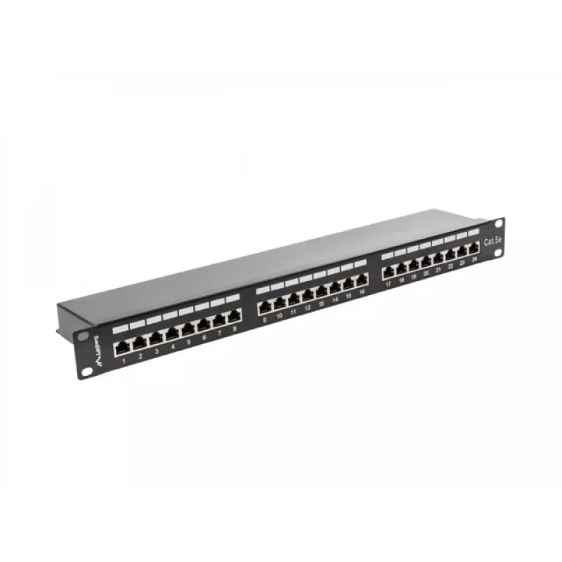 Patch panel 1U LANBERG PPS5-1024-B — 24-portový RJ-45 Cat5, kov, čierny, racková montáž