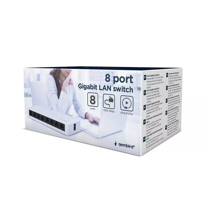 Neupravovateľný switch GEMBIRD NSW-G8-01 – 8× Gigabit Ethernet (10/100/1000), biela, DC 5V