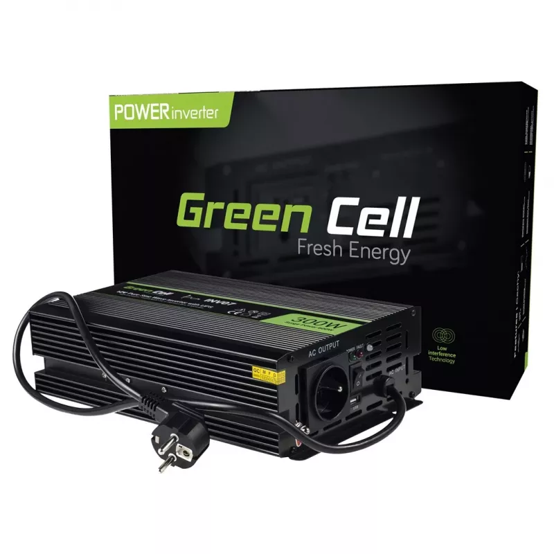 Napäťový menič Green Cell INV07, DC 12 V na AC 230 V, 300 W, 50 Hz, Type-C konektor, čierna
