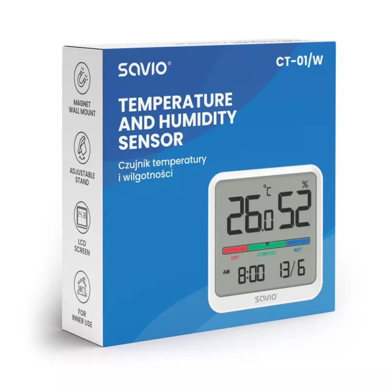 Senzor teploty a vlhkosti interiéru SAVIO CT-01/W, LCD displej, -10–55 °C, 10–99 % rF, batéria CR2032