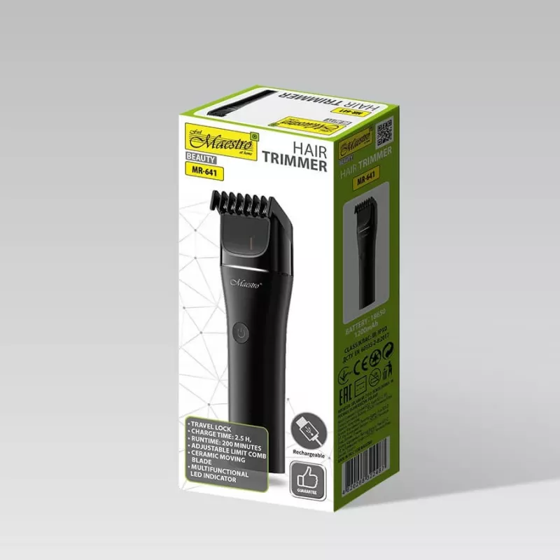 Bezdrôtový strihací strojček Maestro MR-641, keramická čepeľ, nabíjanie cez USB, 1200 mAh, 45×155×30 mm