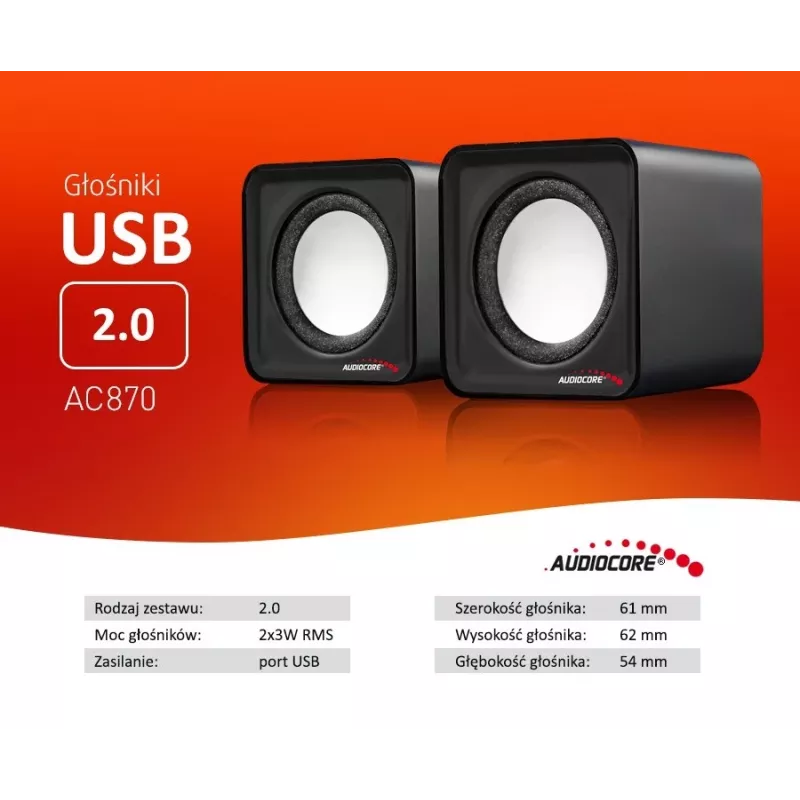 2-pásmový PC reproduktor Audiocore AC870 B — 3 W RMS, káblové USB napájanie, 3,5 mm vstup, 2.0 kanály
