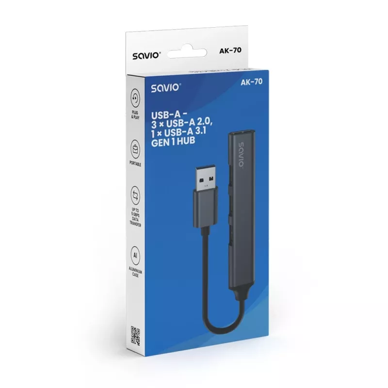 Savio AK-70 rozbočovač USB-A, 4 v 1: 3 x USB-A 2.0 + 1 x USB-A 3.1 Gen 1, 5 Gbps