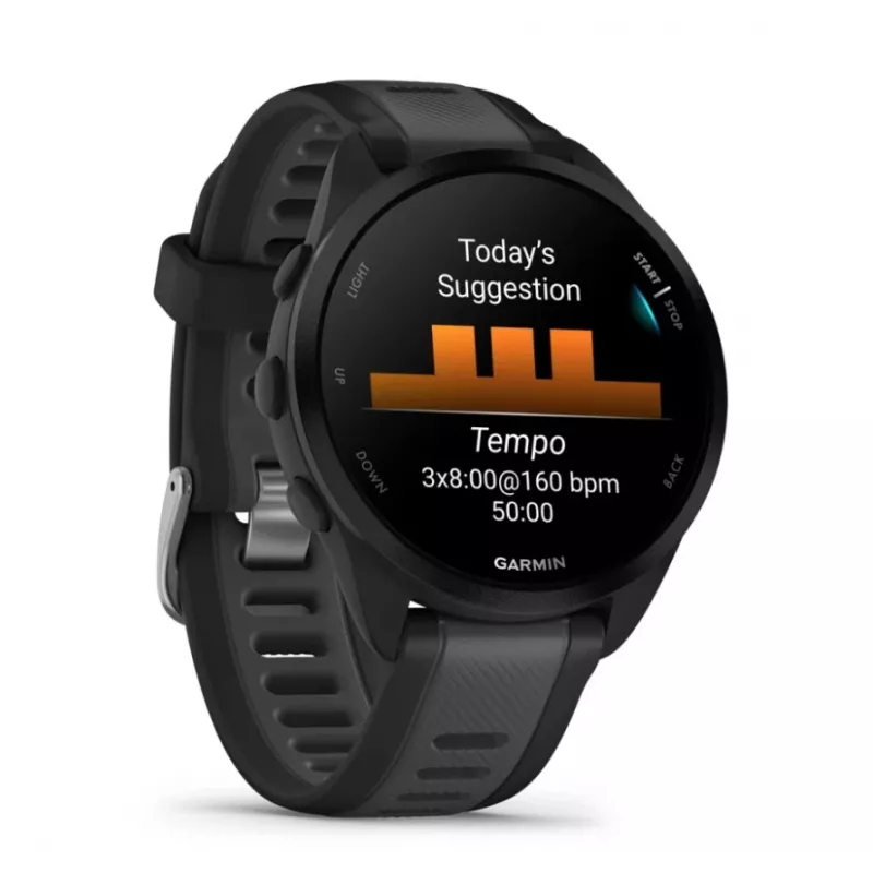 Inteligentné hodinky GPS Garmin Forerunner 165 43 mm, 1,2" AMOLED 390 x 390, dotyková obrazovka, 4 GB, silikónový remienok čierny/bridlicovo sivý