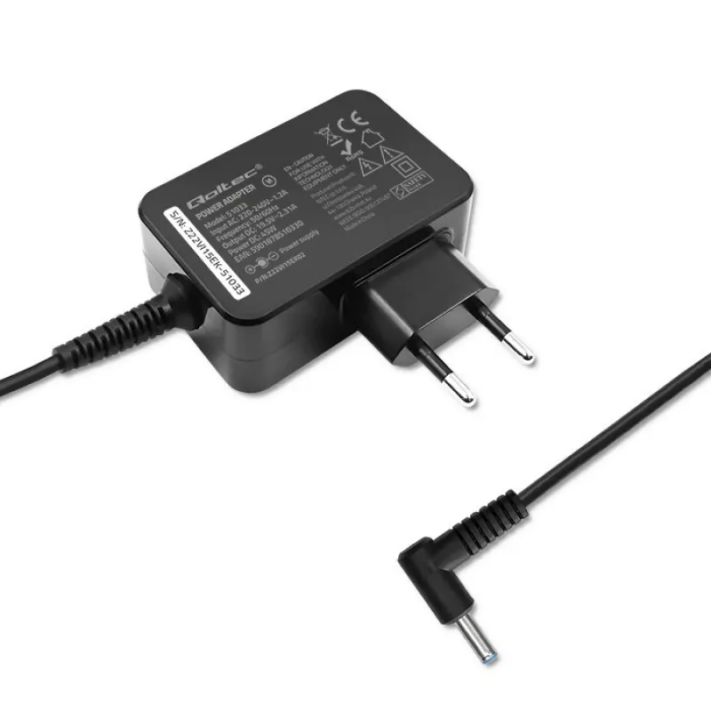 Qoltec 51033 napájací adaptér pre ultrabooky HP, 45 W, 19,5 V, 2,31 A, 4,5x3,0 mm + pin, do interiéru, čierny