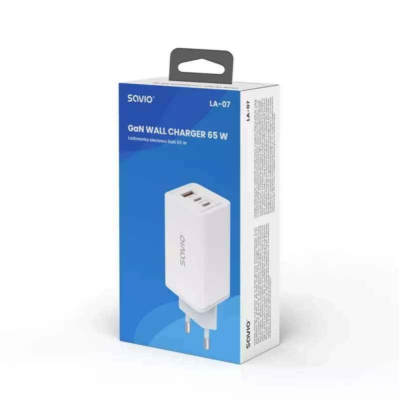 SAVIO LA-07 GaN 65W napájací zdroj, USB, QC4.0+, PD 3.0, biely