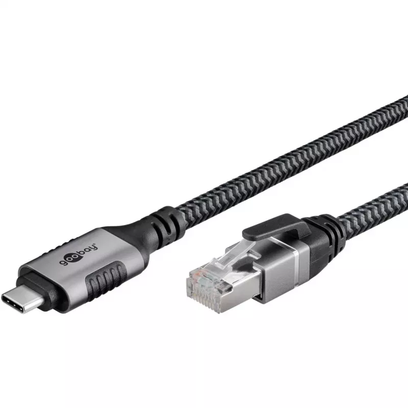 Ethernetový kábel USB-C 3.2 Gen2 konektor samec > RJ-45 konektor samec, LAN adaptér čierny/strieborný, 2 metre, pletený textilný plášť