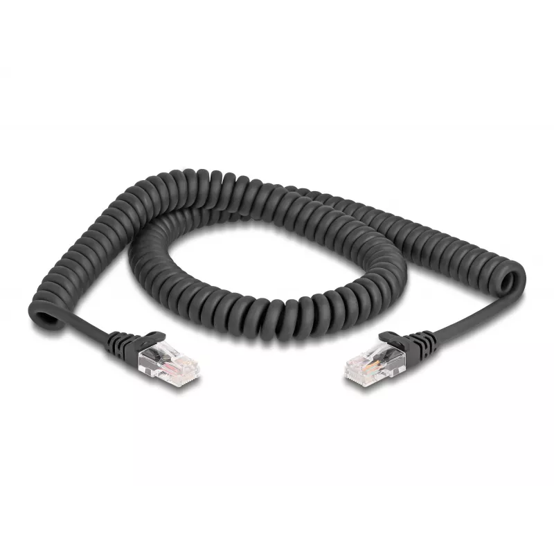 DeLOCK RJ45 špirálový kábel, samec – samec, Cat.5e, 2 m, čierny