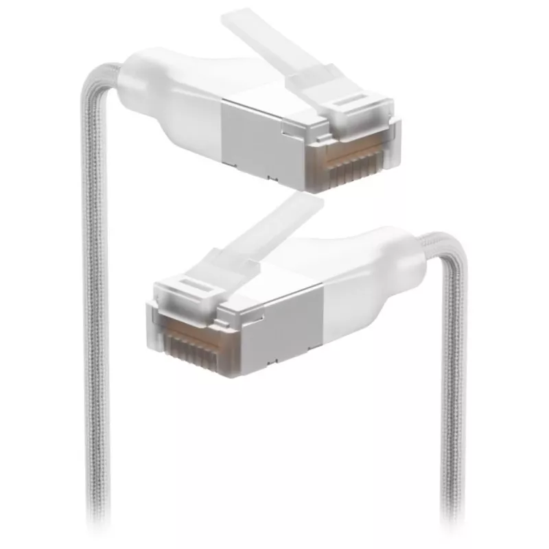 Sieťový patch kábel UBIQUITI UACC-CABLE-PATCH-EL-C6A-1M-W — Cat6a, 1 m, RJ-45, priesvitná biely