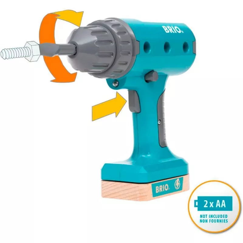 Hračkársky skrutkovač BRIO Builder model 63460000 — realistické prevedenie, nástroj na batérie