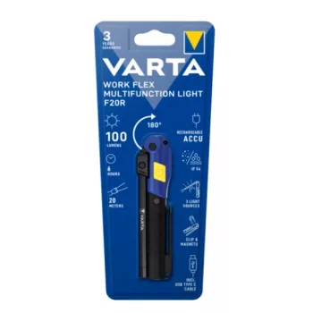 Ručné pracovné svietidlo Varta Work Flex čierne LED, 100 lm, vstavaná batéria, 6 h, hliník/nylón/PC/guma, 120 mm