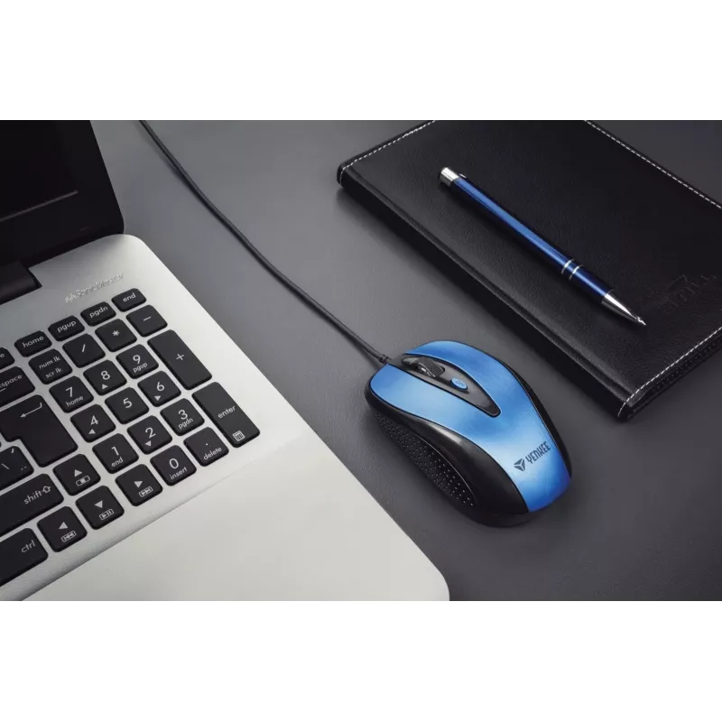 USB káblová myš, 4 tlačidlá, optická, symetrická, modrá