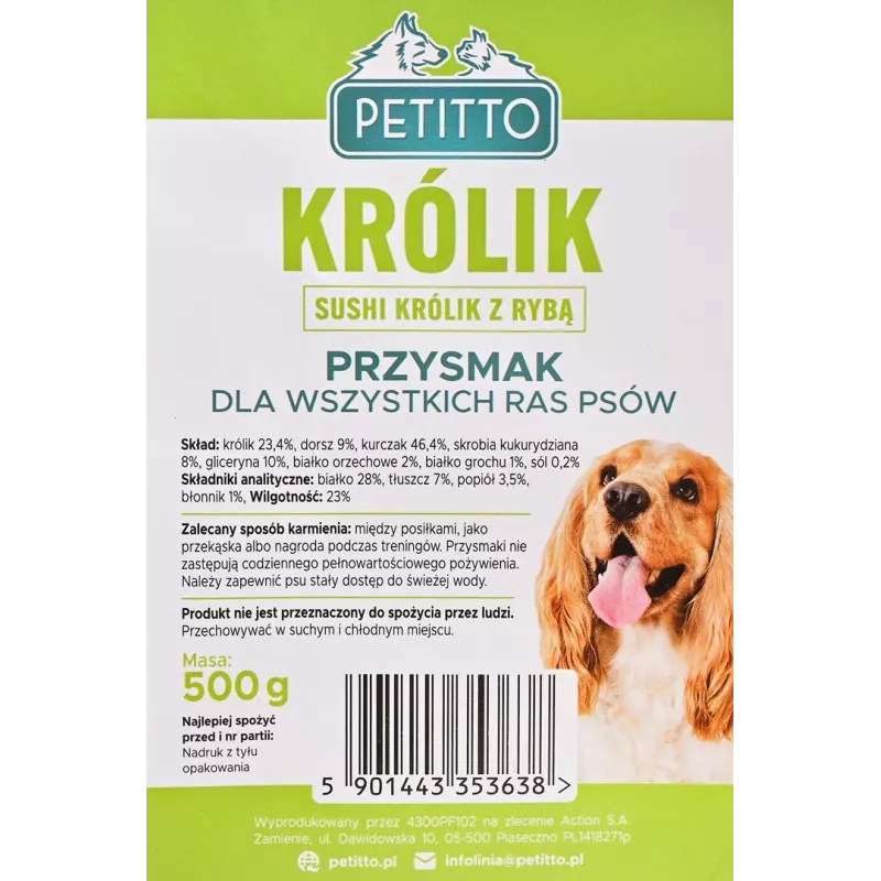 PETITTO Sushi z králika s rybou maškrta pre psov, 500 g