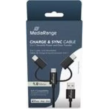USB kábel MediaRange MRCS246 — 1 m, USB A na USB-C / Micro USB-A / Lightning, USB 2.0, čierny