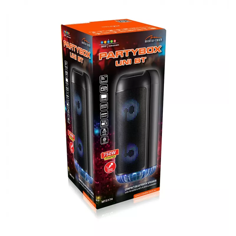 PartyBox UNI bezdrôtový reproduktor s mikrofónom a karaoke funkciou Bluetooth 5.0 MT3174