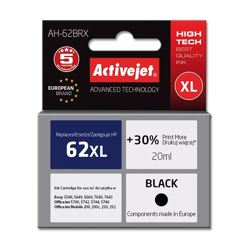 Activejet AH-62BRX atrament (náhrada za HP 62XL C2P05AE; Premium; 20 ml; čierny)