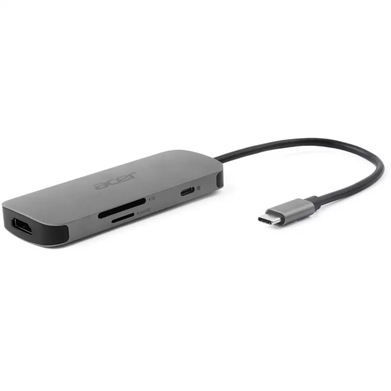 7-in-1 USB-C dongle Acer — USB 3.2 Gen 1 Type-C, 3x USB-A, HDMI, SD/MicroSD, 100W PD, strieborná