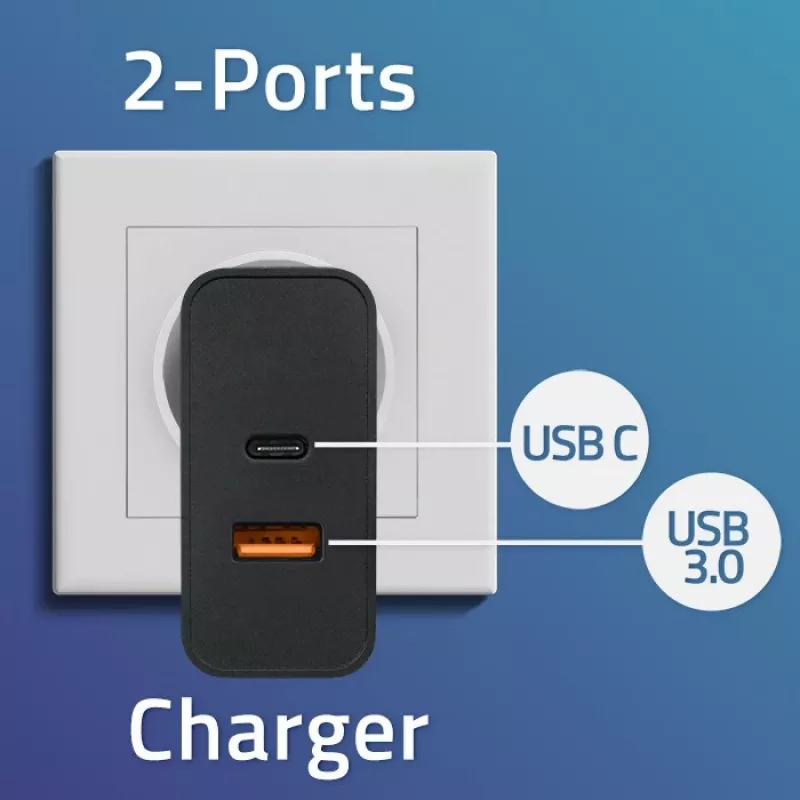 Qoltec 52380 Super Quick PD nabíjačka | 1xUSB-C | 1xUSB | 65W | 5-20V | 1,5-3,25A | čierna