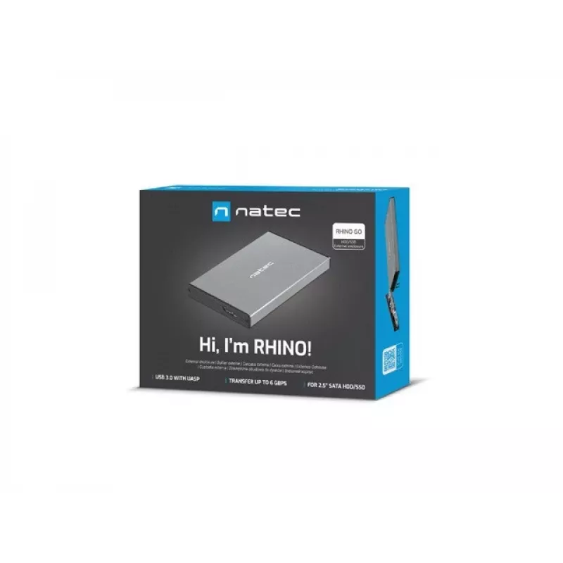 Externé HDD/SSD puzdro NATEC Rhino GO — 2,5 palca SATA, 9,5 mm, USB 3.0, hliník, sivé, až do 4 TB