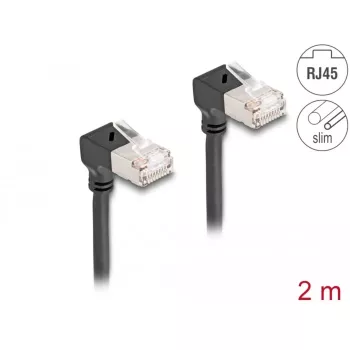 DeLOCK RJ45 sieťový kábel Cat.6A S/FTP tenký 90° nadol 2 m čierny