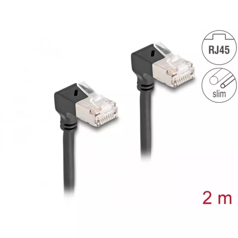 DeLOCK RJ45 sieťový kábel Cat.6A S/FTP tenký 90° nadol 2 m čierny