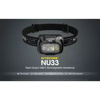 Čelová lampa Nitecore NU33, čierna, 3 LED, 700 lm, hliník, USB nabíjateľná, IP66