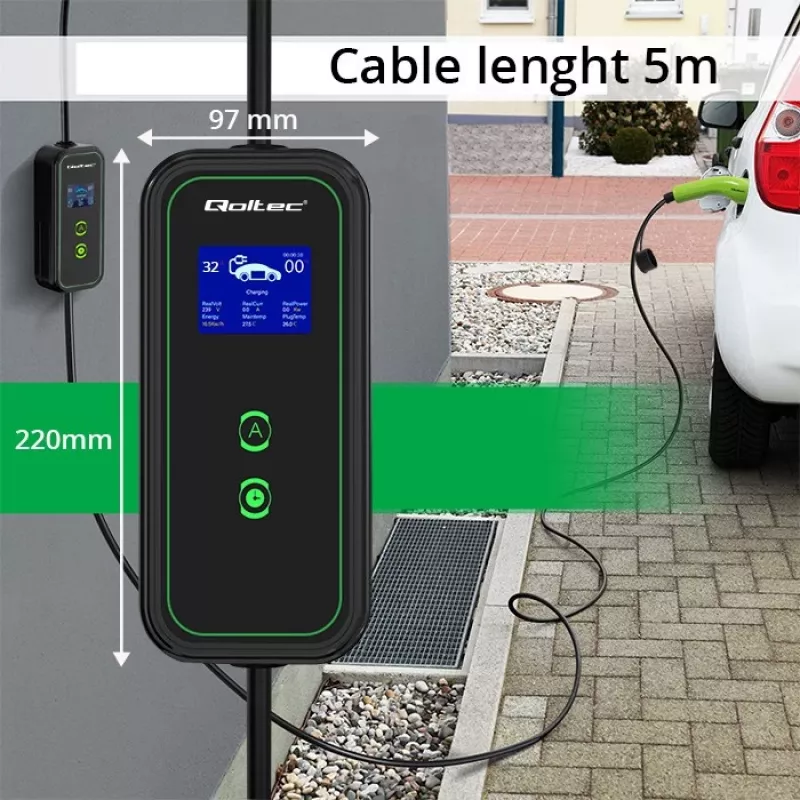 Qoltec mobilná nabíjačka pre elektromobily nastaviteľná 2v1 Type2 | 7kW | 230V | CEE 3 PIN | Wi-Fi | LCD | prenosná | wallbox | 5m