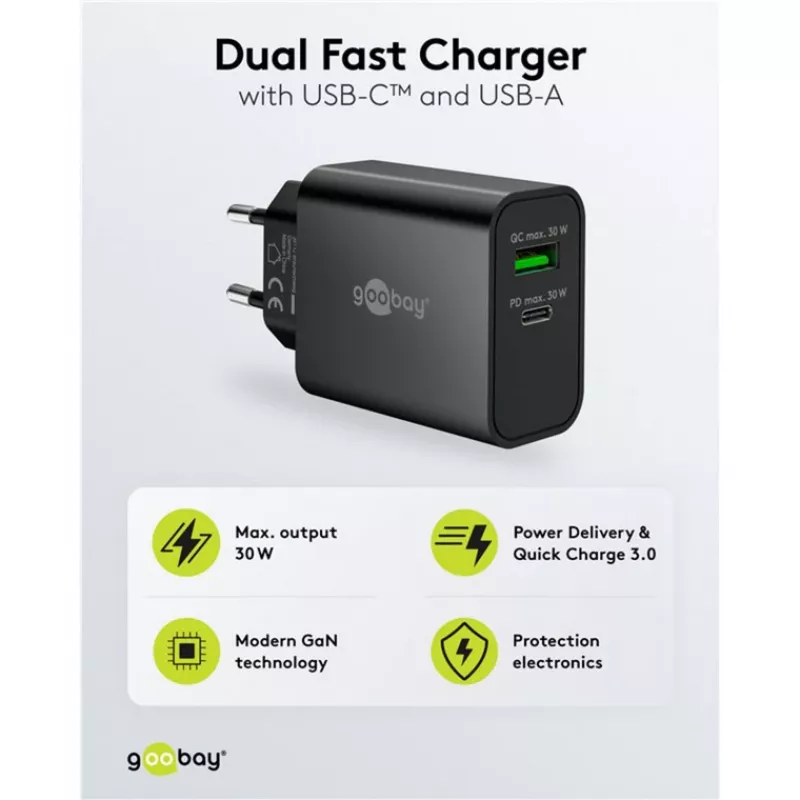 Goobay USB-C PD GaN Dual-Schnell nabíjačka 30 W čierna (75335)