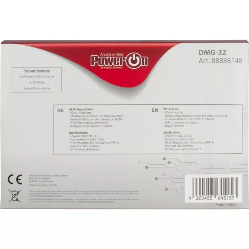Inter-Tech DMG-32 - interná - bezdrôtová - PCI Express - Wi-Fi - 650 Mbit/s - čierna - strieborná (88888148)