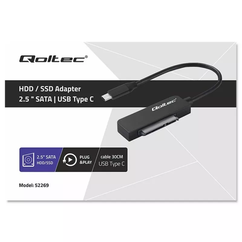 QOLTEC SATA adaptér 52269 pre 2,5-palcový disk na USB-C, podporuje až do 2 TB