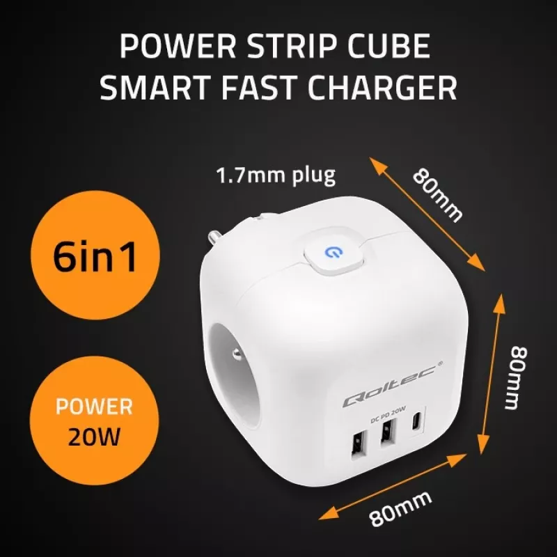 Predlžovacia zásuvka QOLTEC 52548 s 3× AC zásuvkami a USB portom