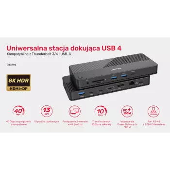Dokovacia stanica UNITEK D1079A USB4 káblová čierna 100W Power Delivery