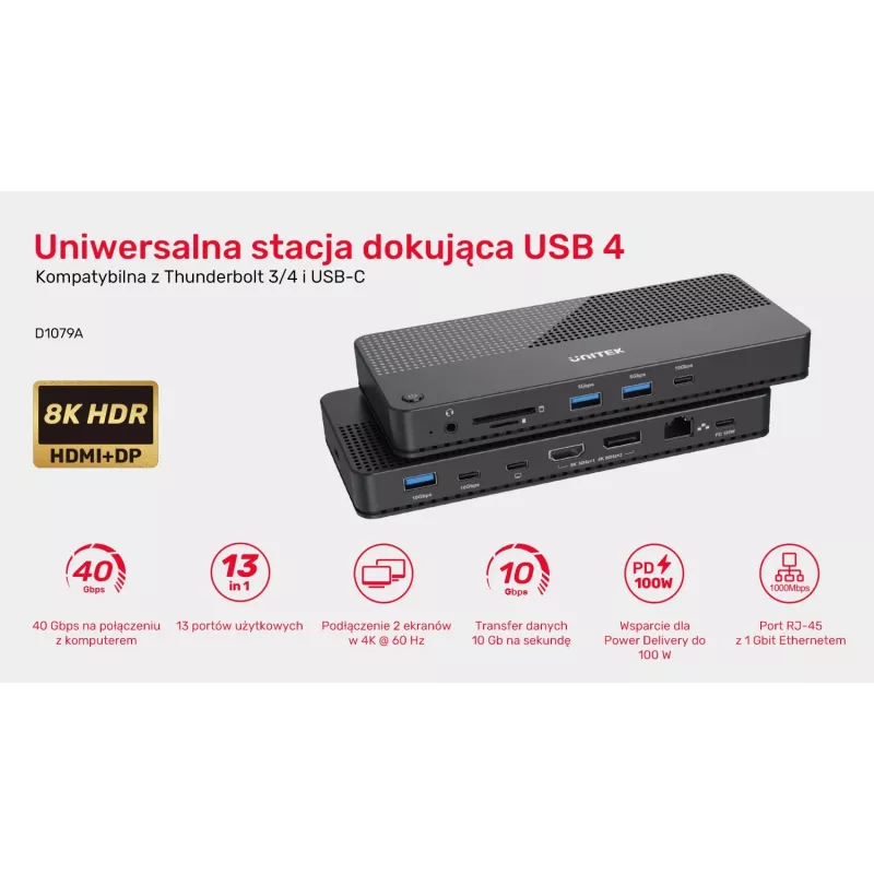 Dokovacia stanica UNITEK D1079A USB4 káblová čierna 100W Power Delivery