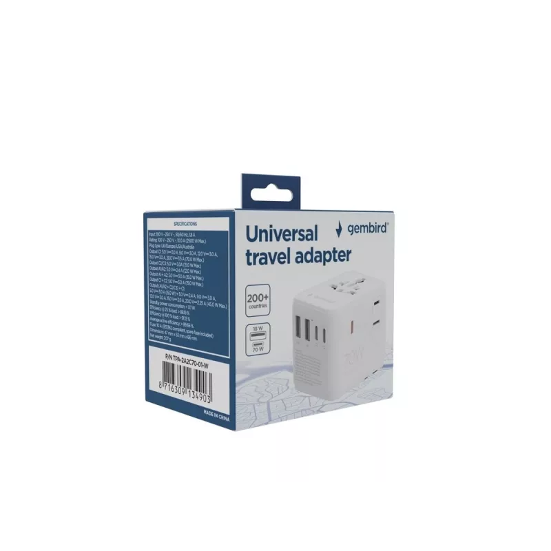 Gembird TPA-2A3C70-01-W univerzálny cestovný napájací adaptér, 3x USB-C, 2x USB-A, 70 W, GaN, biely