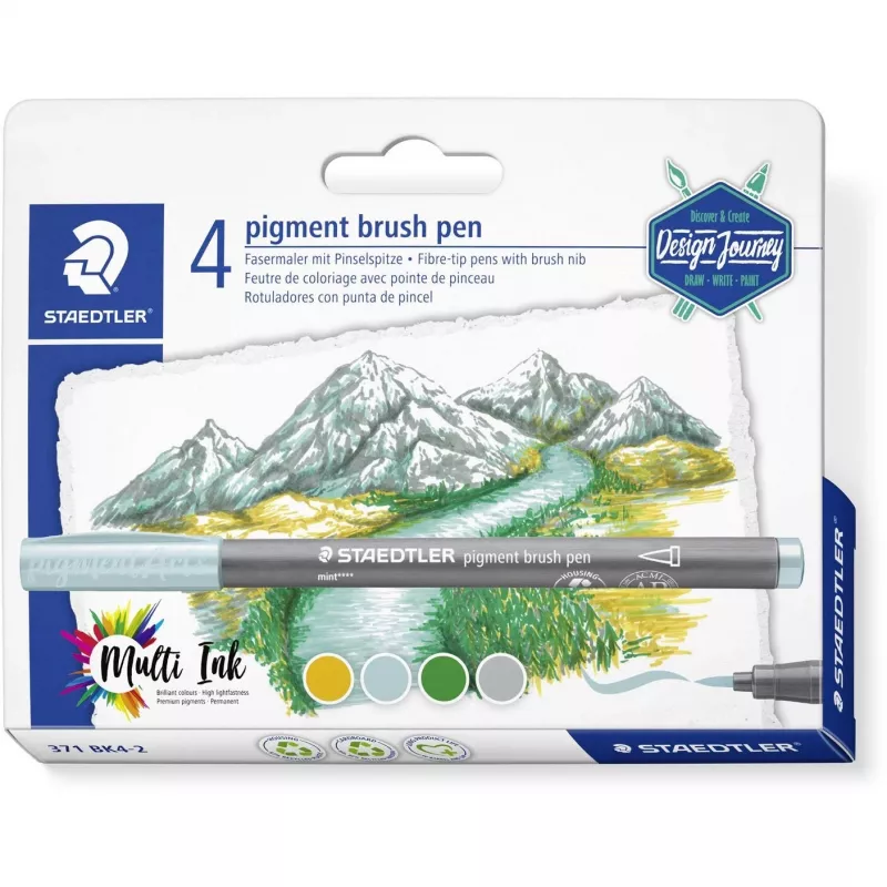 Staedtler Design Journey 371 BK4-2 sada pigmentových štetcových fixiek, Lake Colors, 4 ks