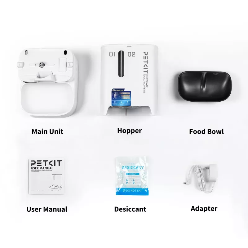 Automatický dávkovač krmiva PETKIT YumShare Dual-hopper 2 s kamerou, kapacita 5 L, ABS a nehrdzavejúca oceľ 304, biela