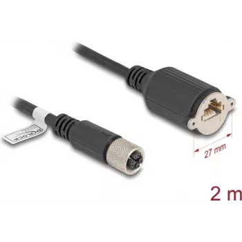 Sieťový kábel DeLOCK M12 kábel X-kódovaný 8-polový konektor samica na konektor samica RJ45 Cat.6A 2 m čierny