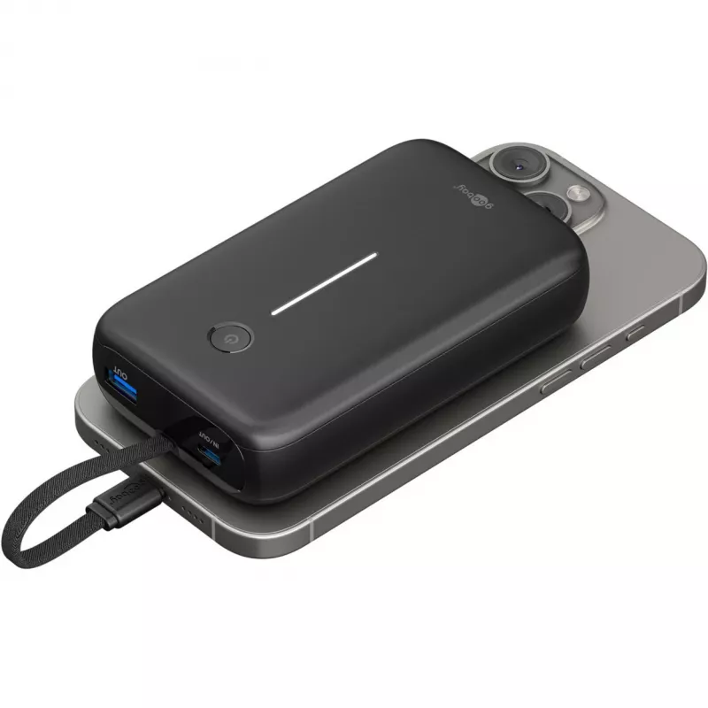 Powerbank 20 000 mAh, integrovaný USB-C kábel 13 cm, 30 W (čierna, 20 Ah, 1x USB-A, 2x USB-C, PD, QC)