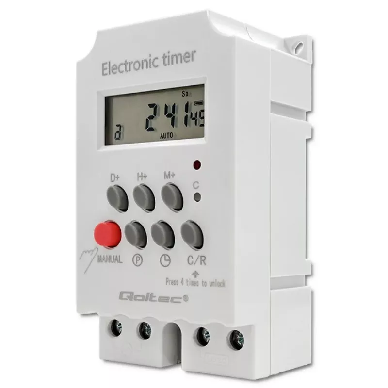 Elektronický časový spínač na DIN lištu QOLTEC PC0629 — napájanie 24V, výstup 16A