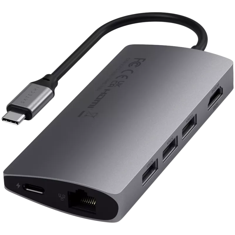Satechi hliníkový adaptér V2 USB-C (USB-C, 3x USB-A, 4K HDMI, čítačka kariet micro/SD, Ethernet) (Starlight Grey)
